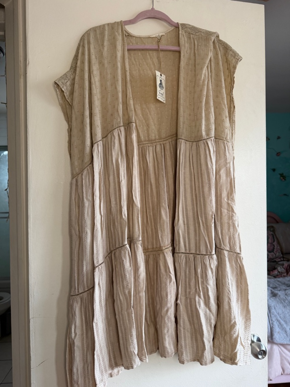 easel Lightweight Beige Tiered Boho Cover-Up duster